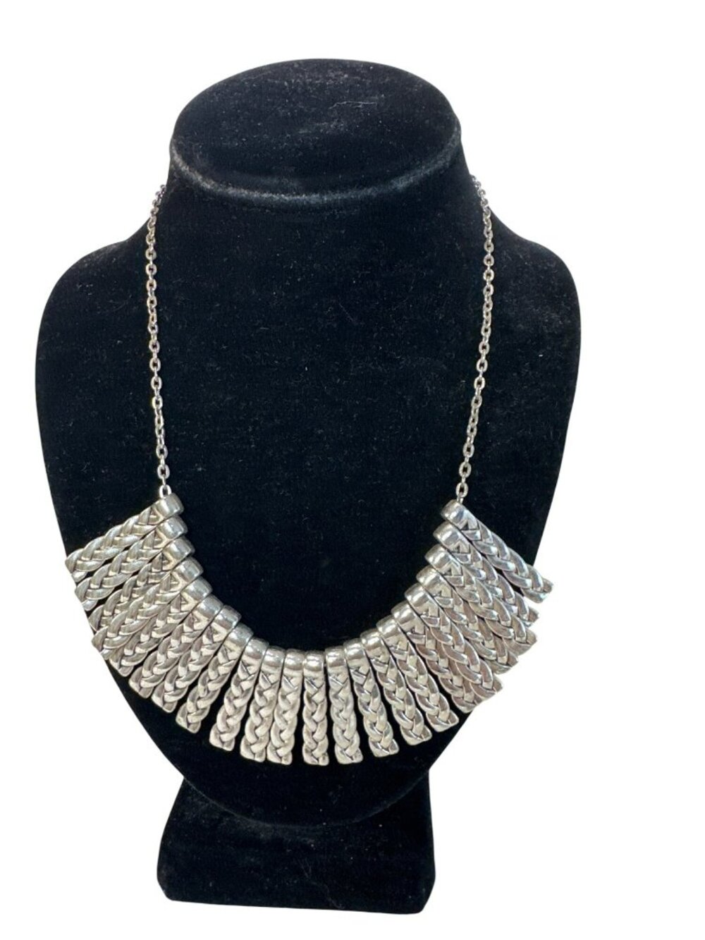 Statement Necklace Braided Silver-Tone Dangling Fringe Design Boho Tribal Bold